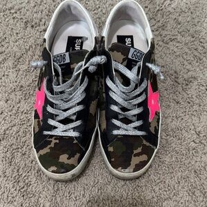 Golden Goose Camo Sneakers with Pink Star and Silver Laces